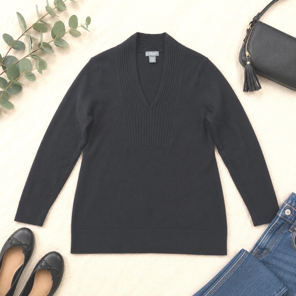 Griffen‎ Cashmere Women Black 100% Cashmere V-Neck Ribbed Inset Sweater Size M